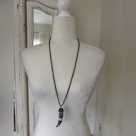 Jewelry - Boho Hematite Necklace with Crystal Python Italian Horn Pendant